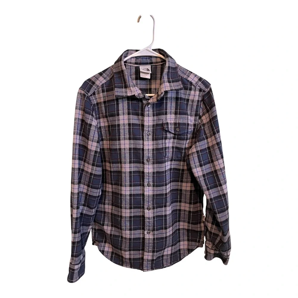 The North Face Mens Blue Grey Plaid Flannel Button Down Shirt Small Long Sleeve
